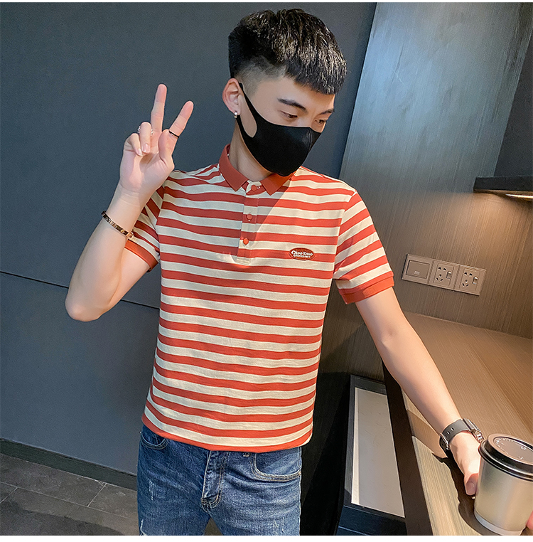 美罗邦网红衣服潮男短袖潮牌修身条纹社会精神小伙polo衫夏季紧身半袖