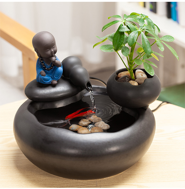 陶瓷流水鱼缸简约黑色禅意小型养青鳉鱼缸摆件家居水景创意喷泉礼品