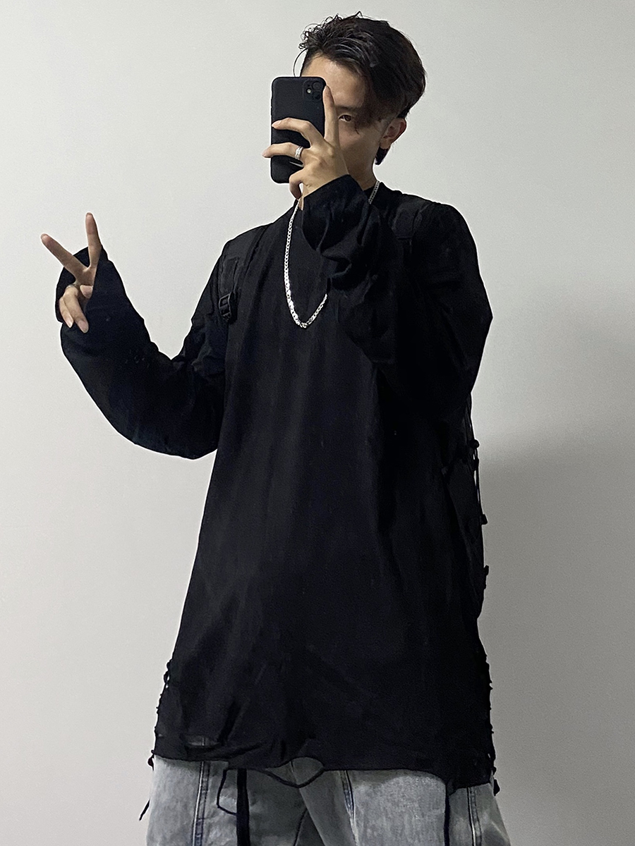 万派鸟&品牌 打底衫下摆破洞白色长袖男士ins流高街内搭卫衣破坏叠穿