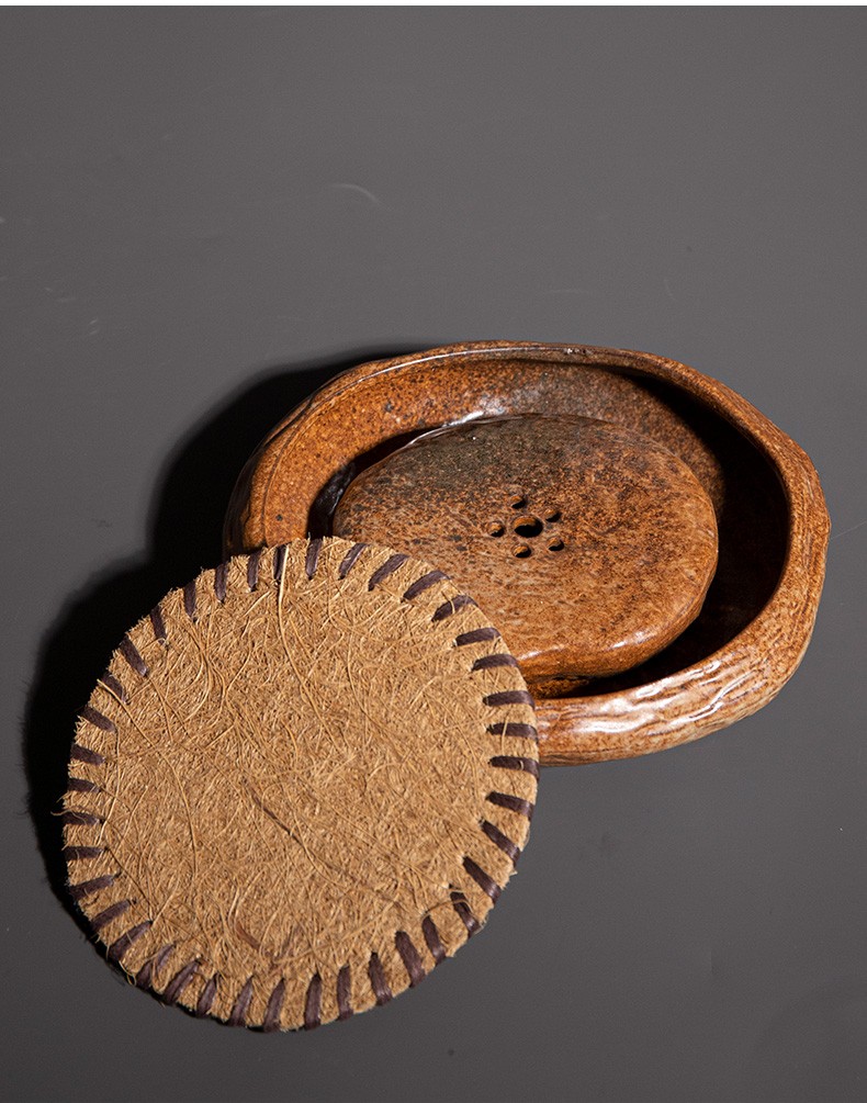 容山堂茗嘉粗陶储水壶承藤编紫砂壶垫棕丝小茶盘陶瓷干泡盘小茶台 粗