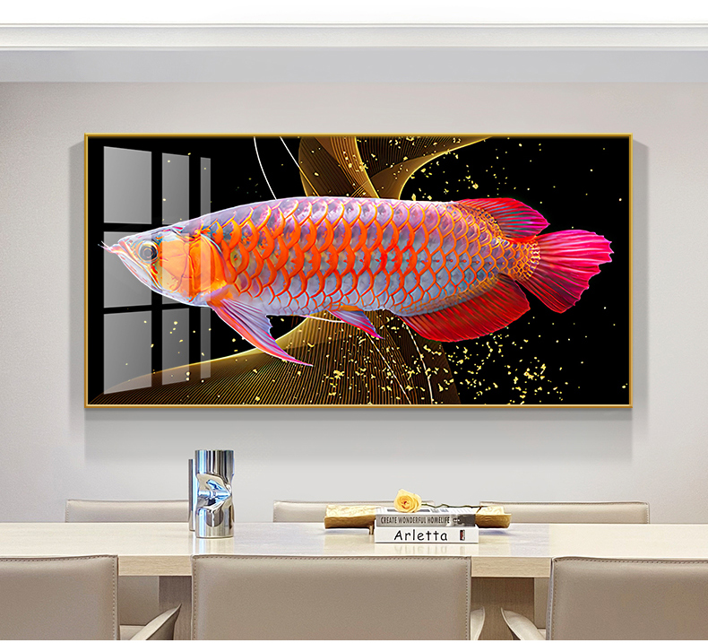 金龙鱼餐厅饭厅装饰画歺厅背景墙面壁画新中式餐桌单幅挂画招财龙鱼g