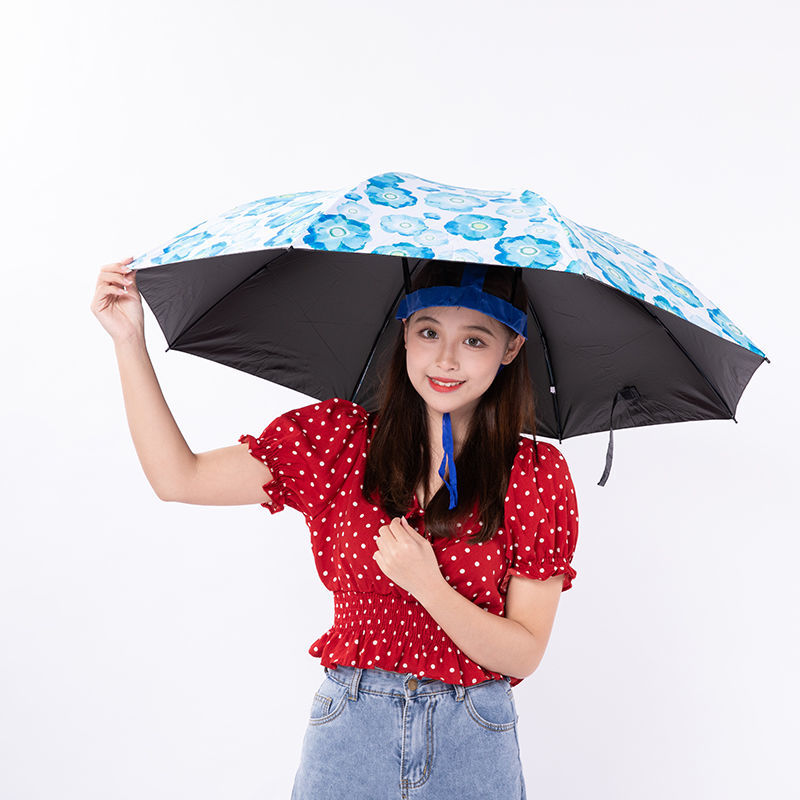 新品斗笠雨伞户外头戴雨伞三折100成人钓鱼伞采茶伞斗笠两用防晒环卫