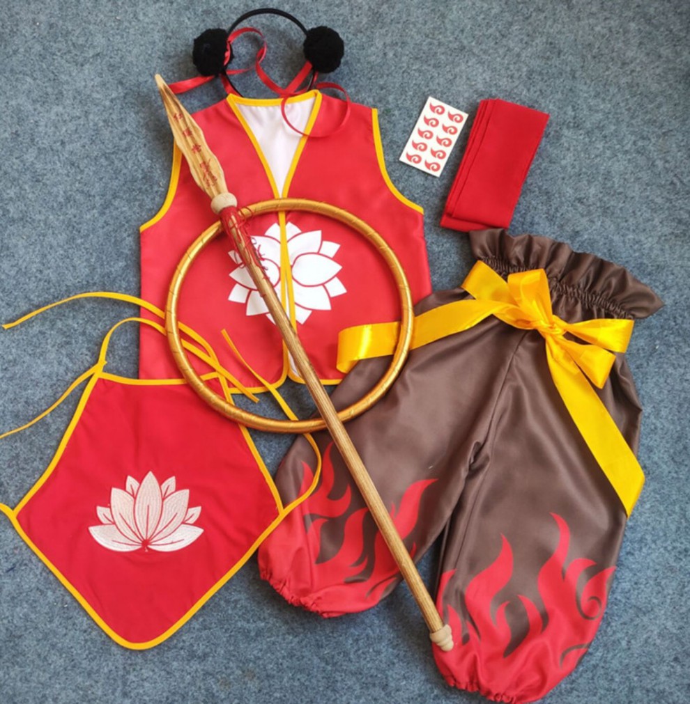 魔童降世动漫同款服装男女童哪咤表演套装有扣六件套加肚兜加乾坤圈