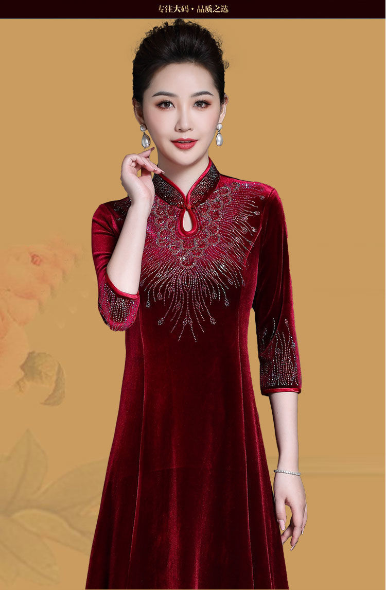 婚礼妈妈装礼服喜婆婆婚宴旗袍高贵洋气儿女结婚妈妈礼服金丝绒连衣裙