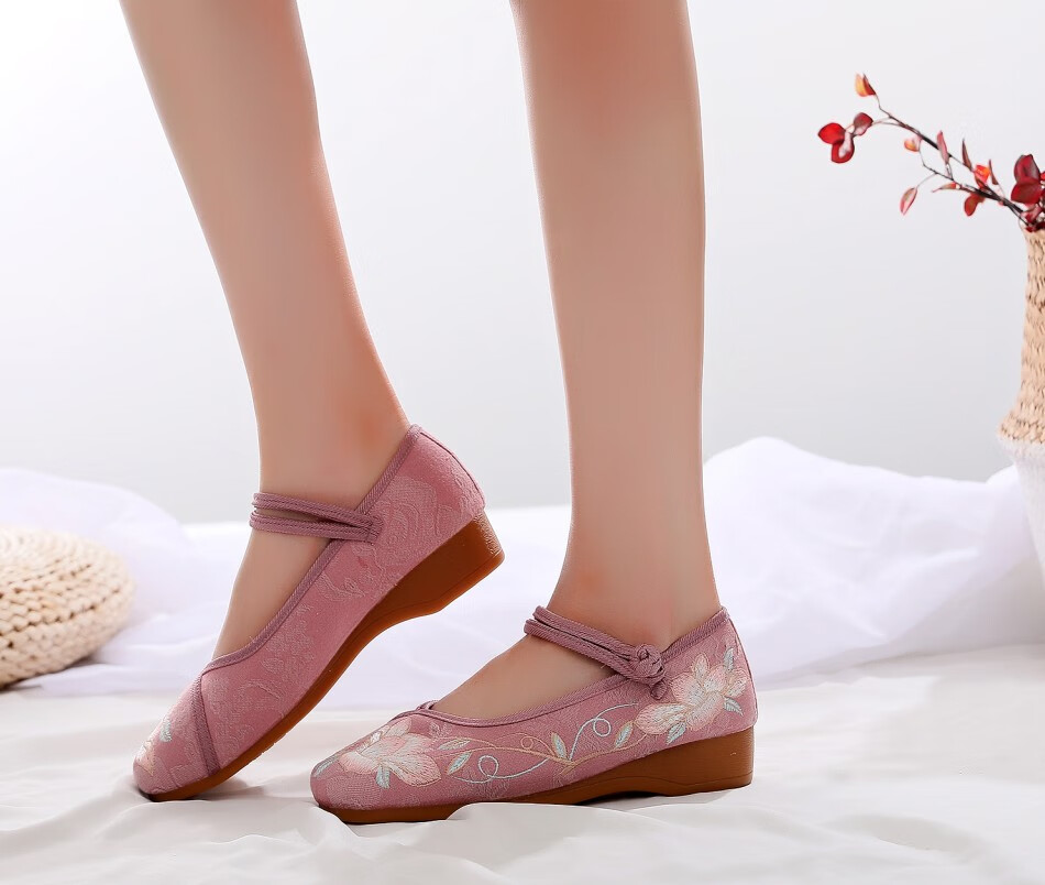 陇聚福禅意荷花绣花鞋女汉服茶艺师古琴古筝演出舞蹈鞋复古中国风牛筋