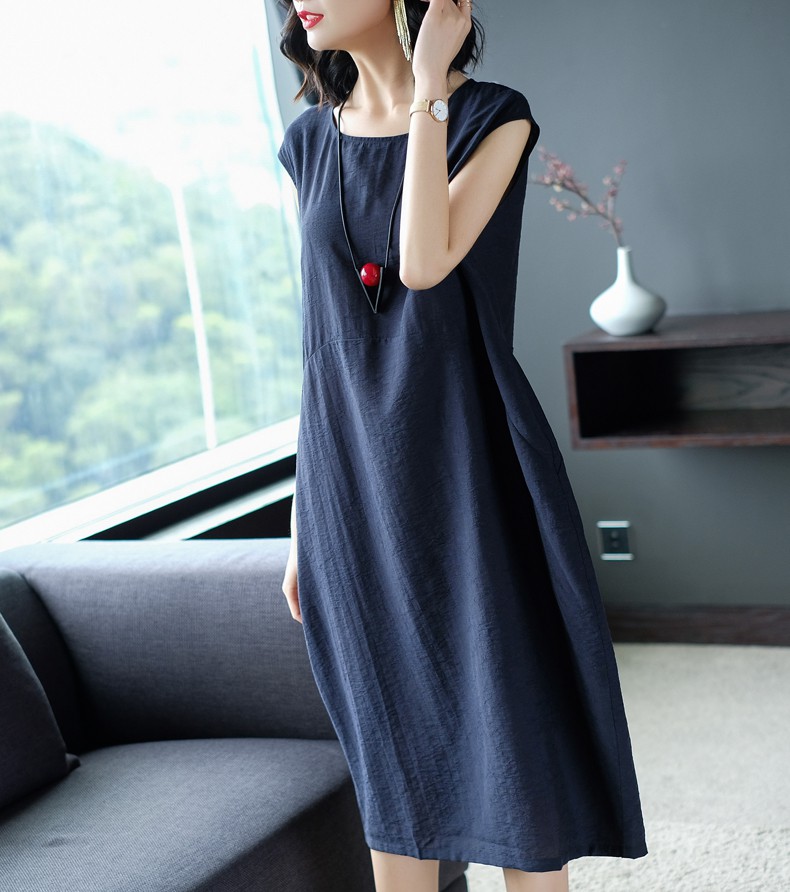 中老年棉麻连衣裙无袖天丝女夏天薄款大码宽松贵夫人妈妈 银灰色 m