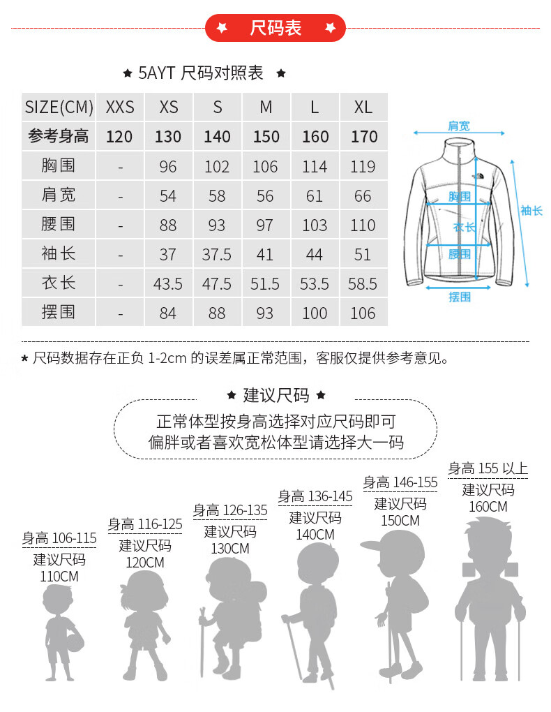 北面冲锋衣尺码对照表图片