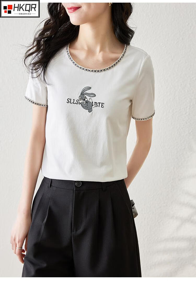 hkqr高端轻奢品牌短袖t恤女中青年女士夏季新款彼得兔绣花女短袖气质