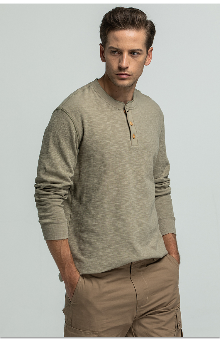 皮尔卡丹品牌高档男装美式复古亨利衫男华夫格亨利领长袖t恤男士打底