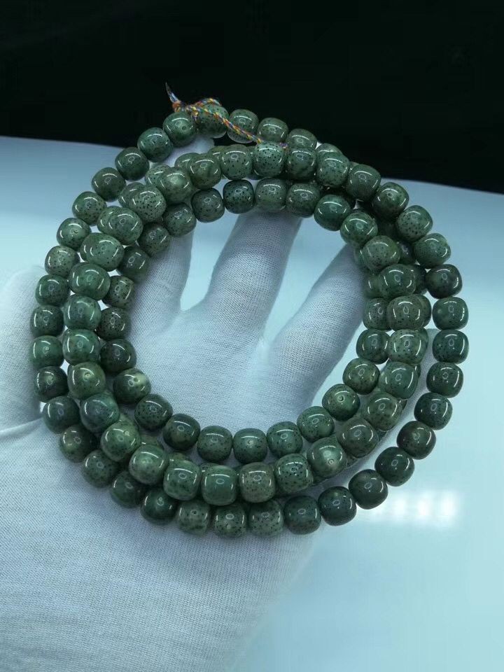 鹿朵星月菩提海南灵玉料阴皮绿玉化透光星月菩提子绿幽灵石玉料手串78