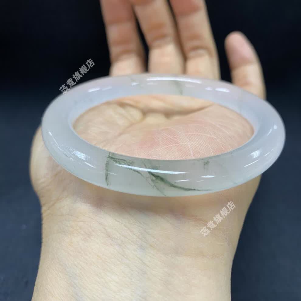 高冰丝玉圆条手镯天山翠飘花玉镯新疆翠玉雪域女士冰翠手镯 62mm