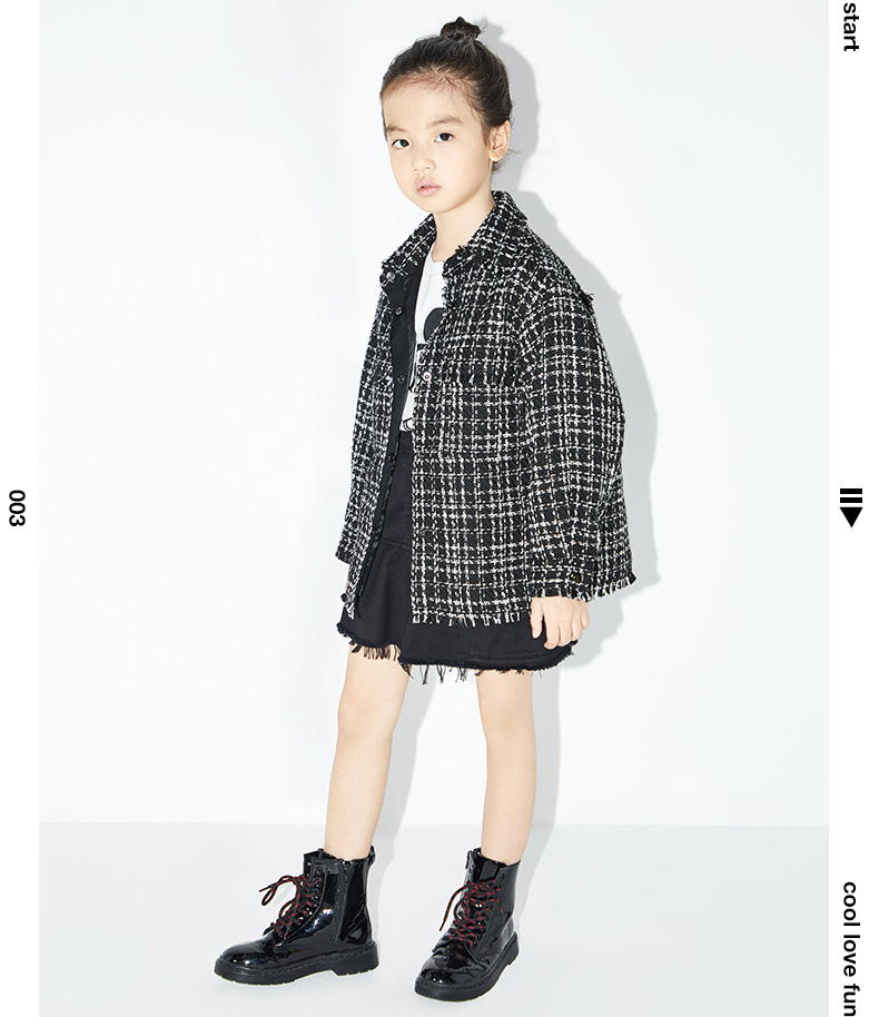little moco童装春装新款女童摇滚黑白格纹休闲夹克外套潮童 黑白格色