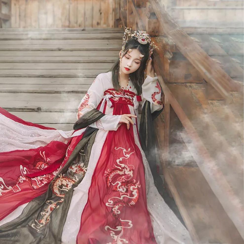中国风龙母画皮学生古装汉服女六米大摆绣花改良日常齐胸襦裙唐装