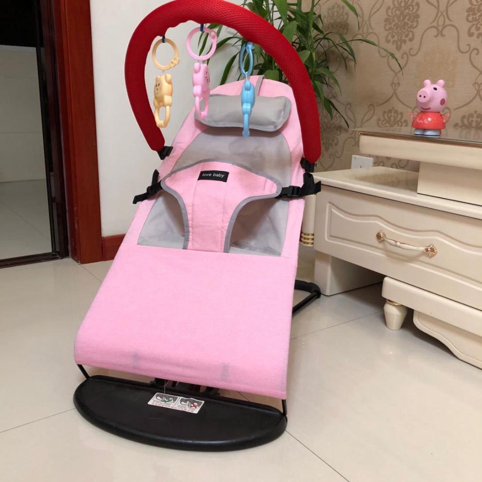婴儿摇摇椅哄娃宝宝摇篮椅躺椅可折叠可调节儿童摇椅四季通用粉色亚麻