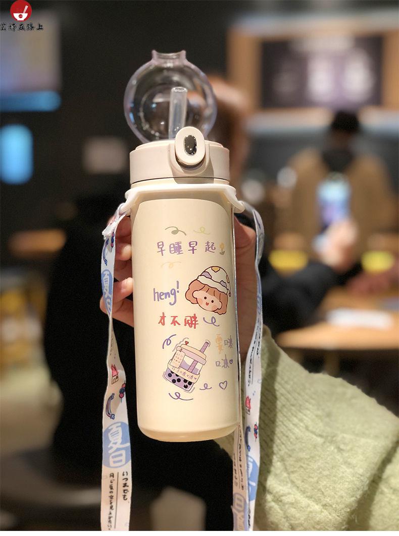 单手开保温杯带吸管保温杯女学生韩版简约ins儿童大容量水杯可爱304