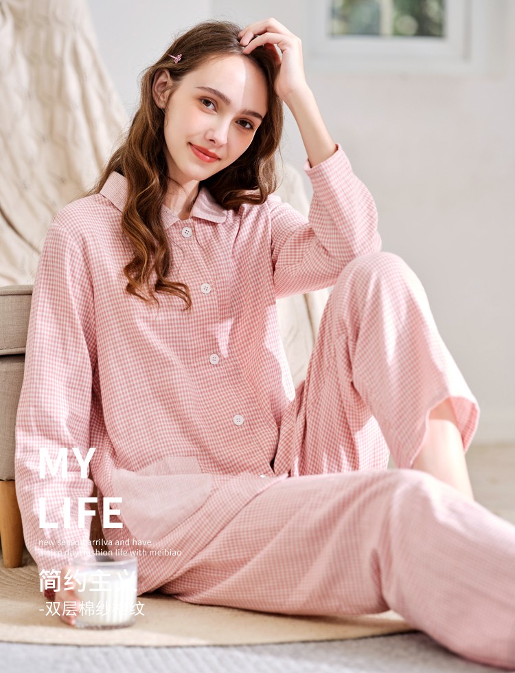 美标长袖纯棉睡衣套装女春秋双层棉纱2021新款可外穿甜美格子全棉可外