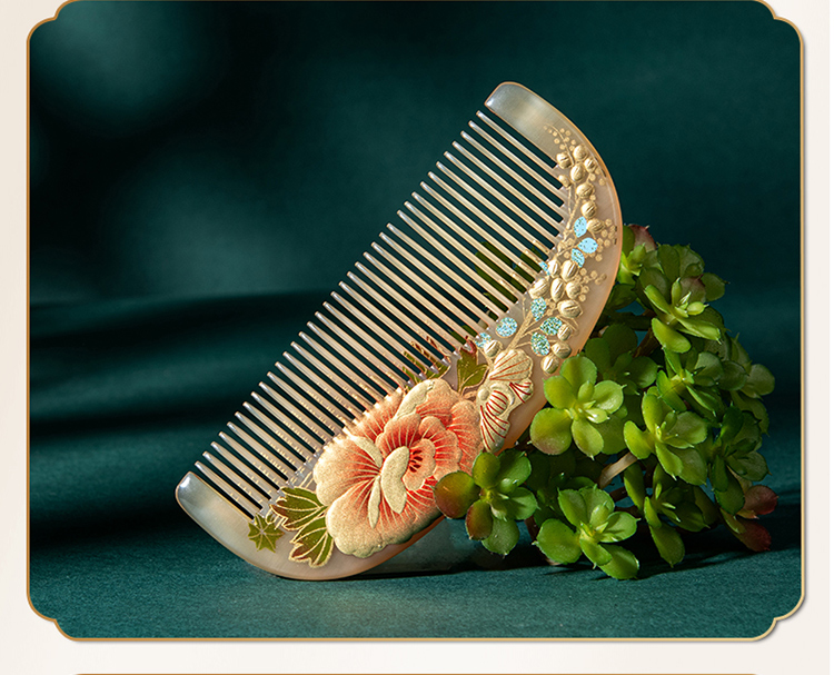 常州梳篦 非遗常州梳篦邢粮木艺绵羊角/水牛角漆艺梳国色天香商务馈赠