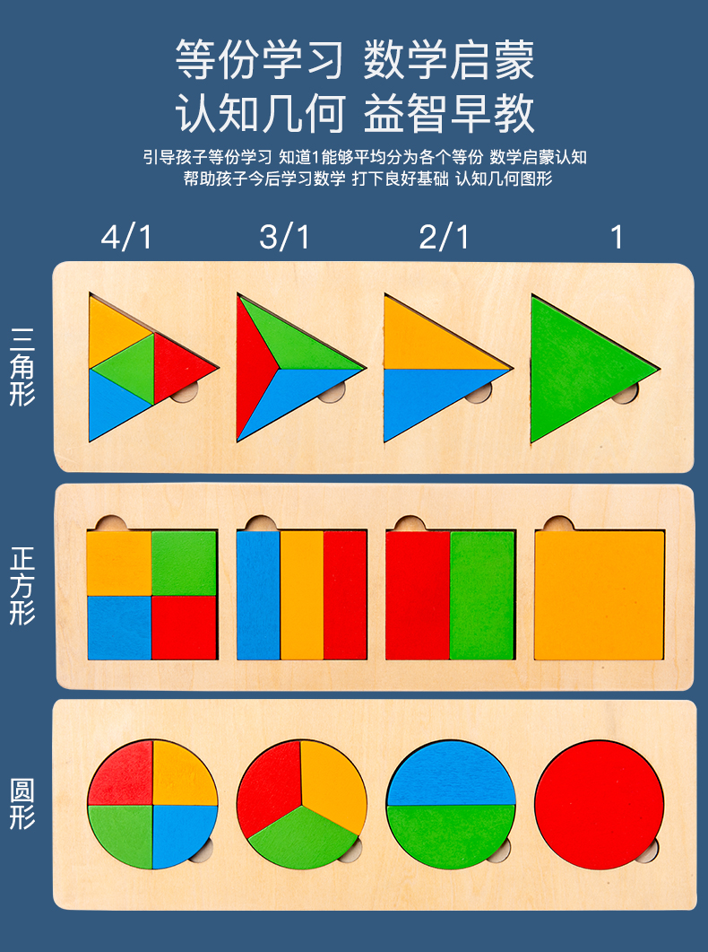 几何形状认知配对嵌板等分拼图 幼儿园启蒙教具儿童早教玩具 等分三角