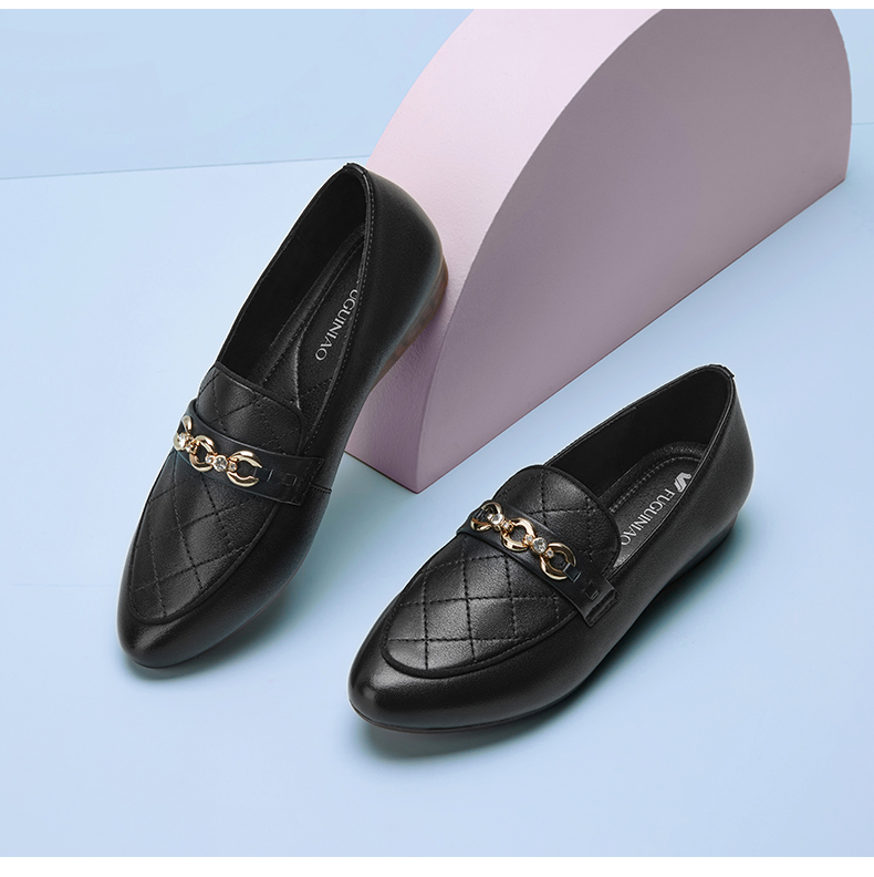 富贵鸟女鞋春季新款马衔扣乐福鞋女复古一脚蹬软底单鞋女酒红35