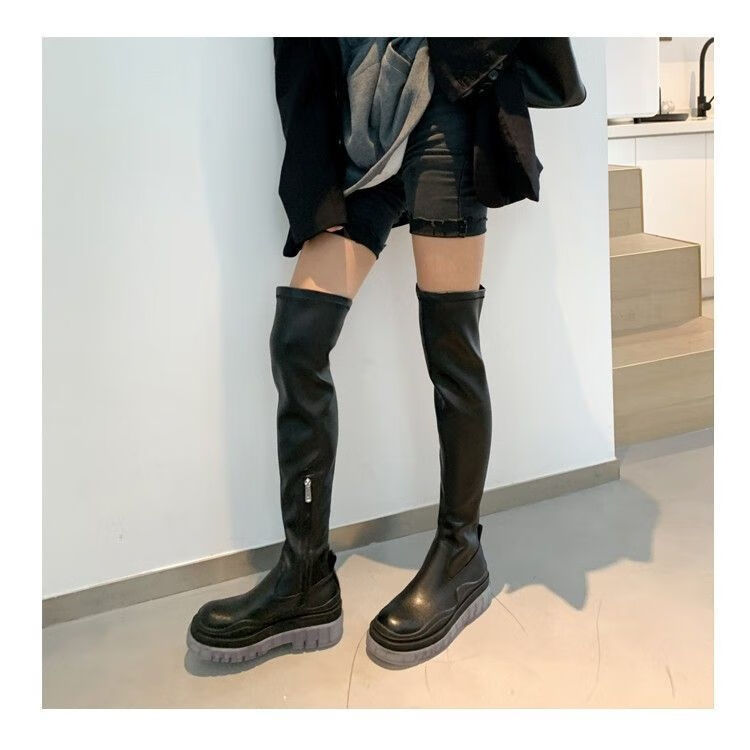 过膝长靴过膝长靴女冬季加绒松糕厚底拉链高筒皮靴真 黑色 单里 35