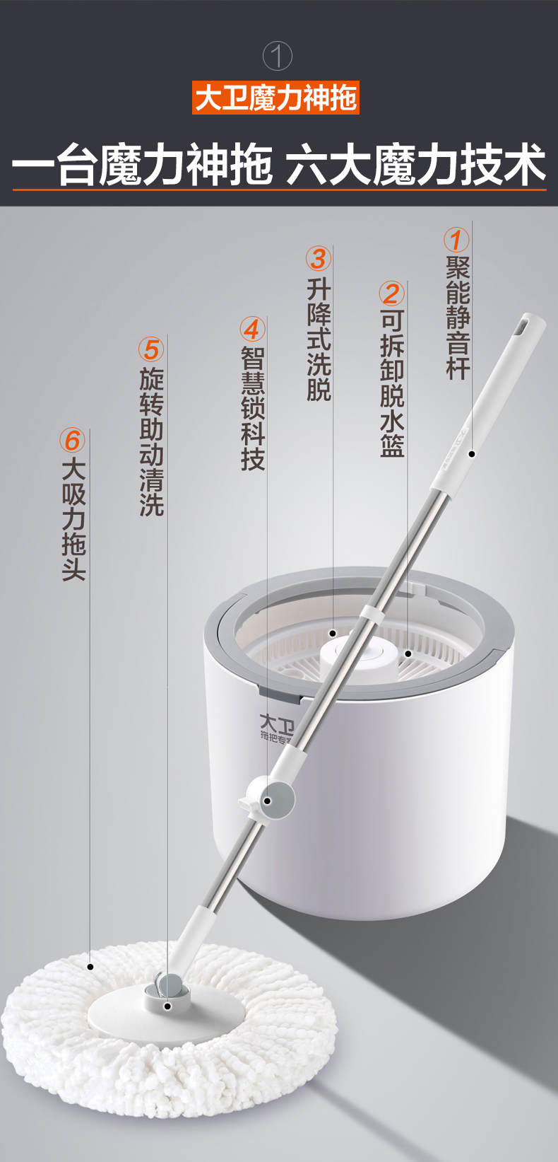 大卫免手洗拖把2021旋转新款懒人家用桶一拖墩布净单桶自动地拖布米白