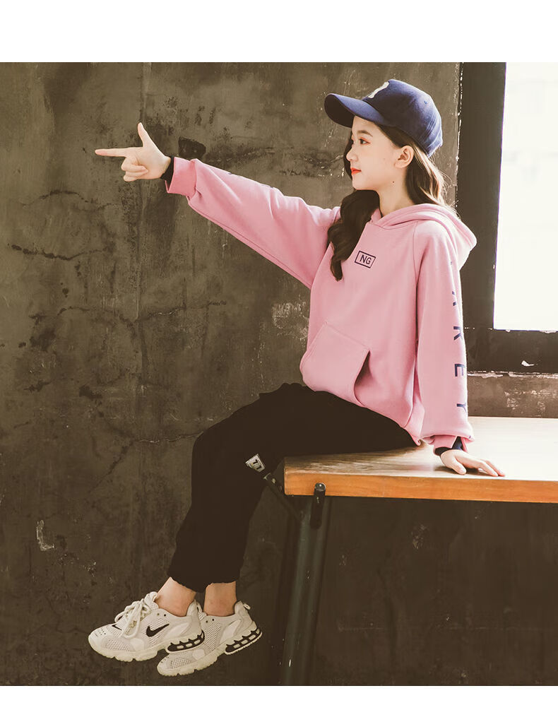 萌趣鲨品牌女大童卫衣套装加绒秋冬装款儿童衣服冬季小女孩子冬天加厚