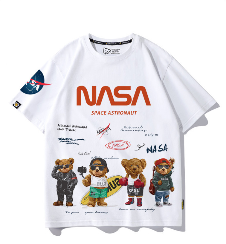 nasa t恤夏季青少年小熊卡通印花ins潮流宽松百搭夏天潮牌ti恤男 白色