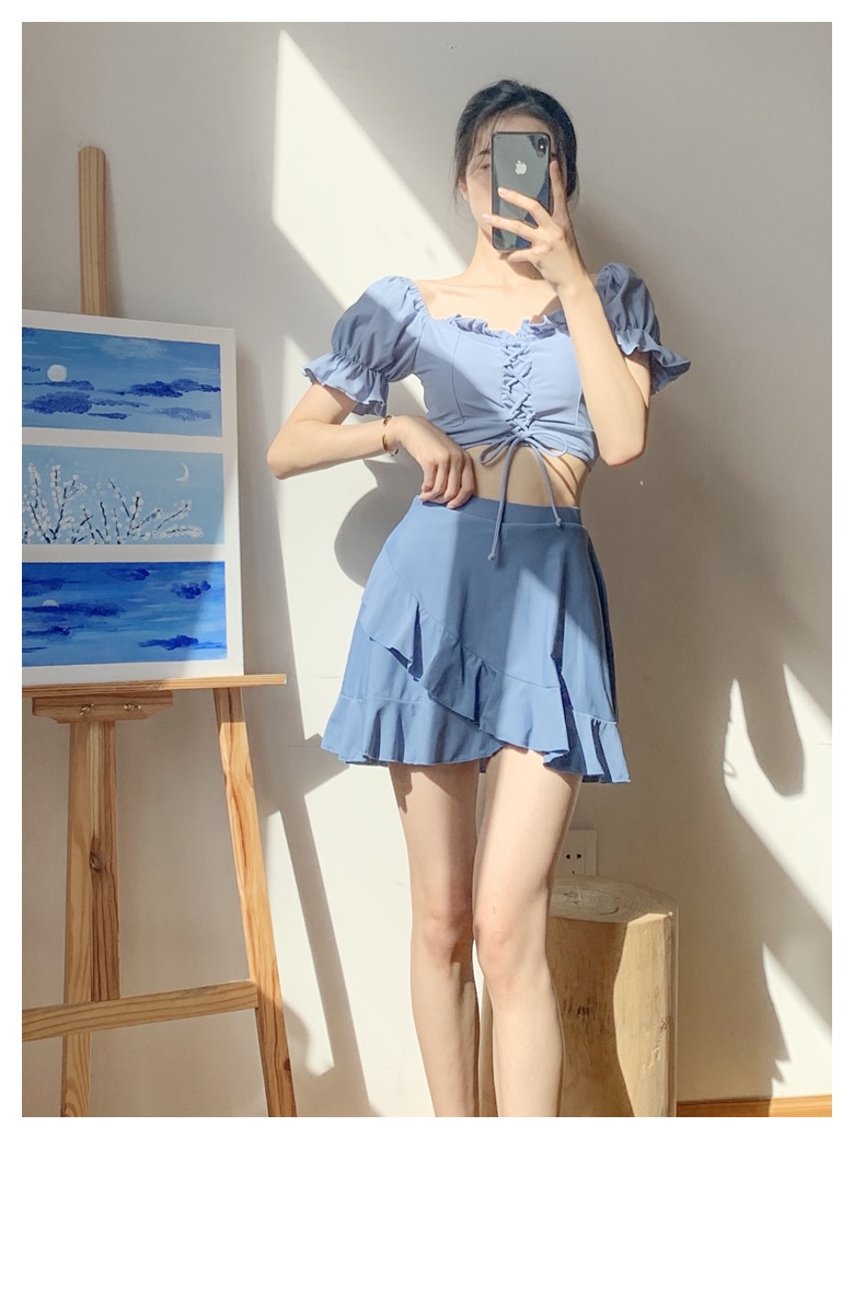 泳衣女分体泳衣泳装清新少女莫兰迪短袖裙式少女分体遮肉显瘦保守学生