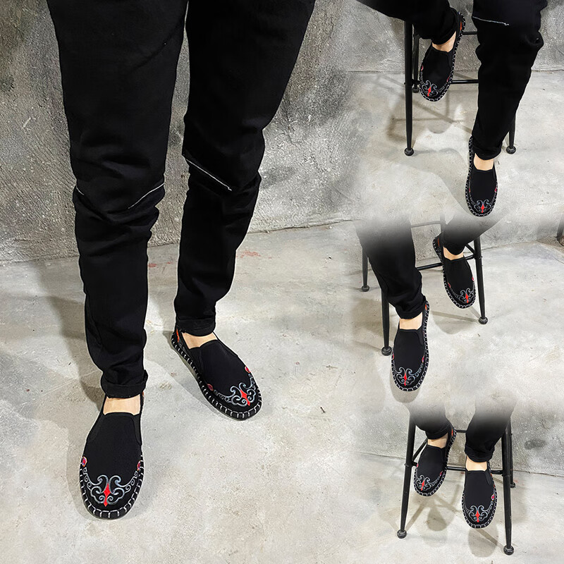 宇将军同款豆豆鞋 社会人手工老北京布鞋男牛筋底刺绣花韩版国风豆豆