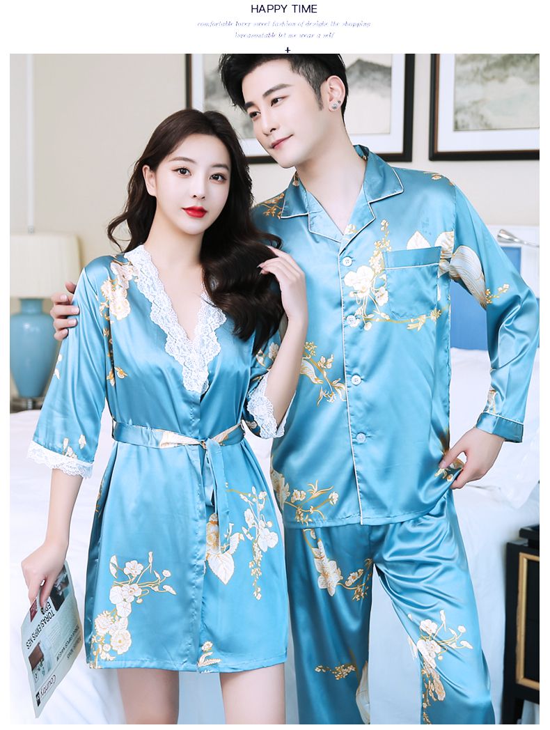 情侣睡衣性感2冰丝吊带抹胸睡裙春秋天男女睡袍长袖薄款套装8207黑曜