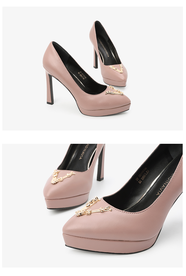 迪芙斯dfuse女鞋新款v型饰扣尖头细跟高跟鞋10黑色35