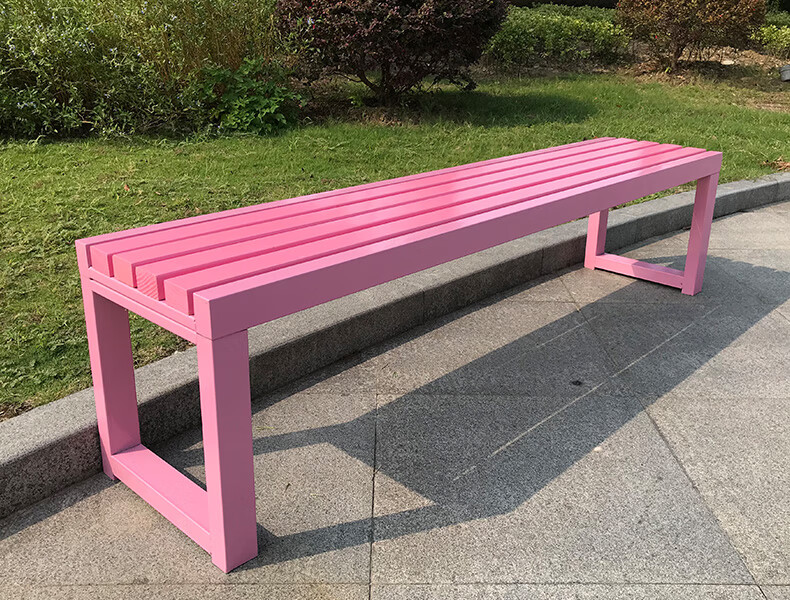 网红粉色靠背公园椅户外长椅商场休息实木凳子庭院铁艺长条凳白色