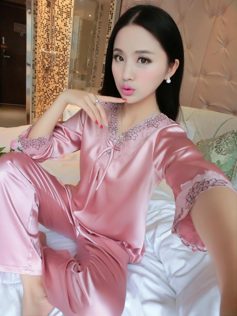 春秋季女士丝绸仿睡衣薄款中袖长裤套装甜美可爱冰丝绸家居服皮