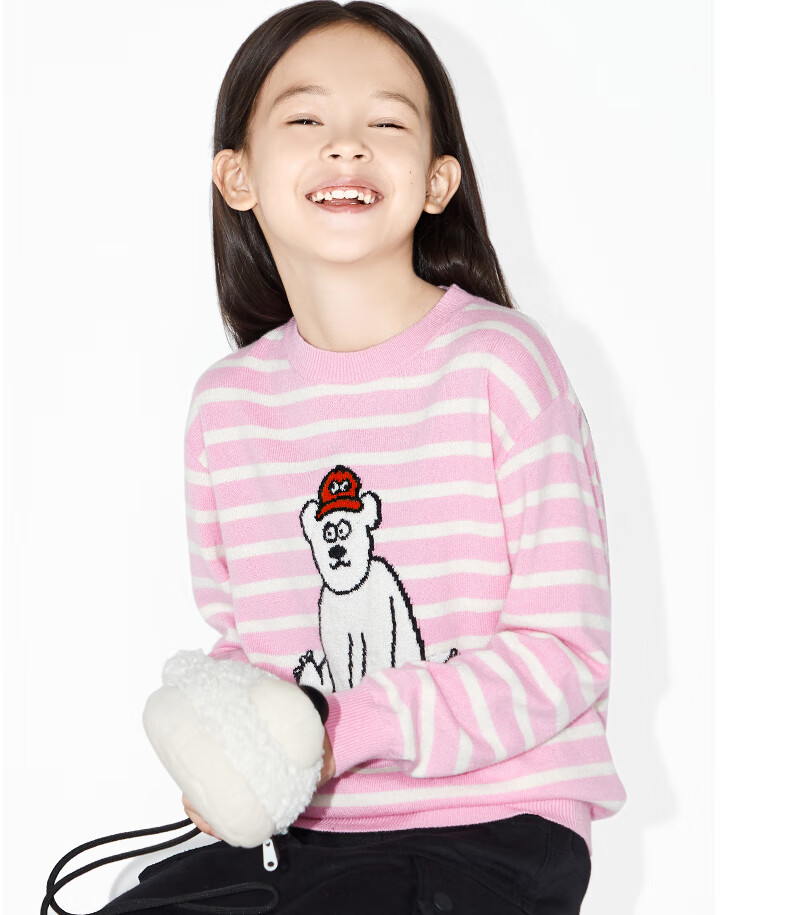 little moco童装冬装新款男女儿童北极熊条纹保暖毛衣潮童 黄白条 110