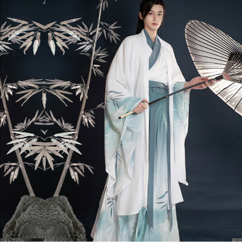 汉服男套装学生古装公子男生飘逸中国风男士仙气山竹绿色渐变三件套s