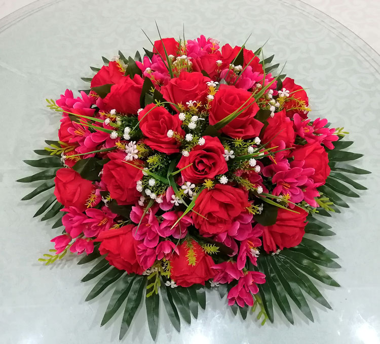 麦子辛酒店大圆桌红色仿真花电动转盘饰花绢花中餐桌桌面摆放塑料假花