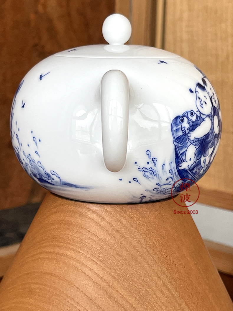 烟波 景德镇 九段烧 九段妙手 青花 婴戏五童子 茶壶 瓷壶