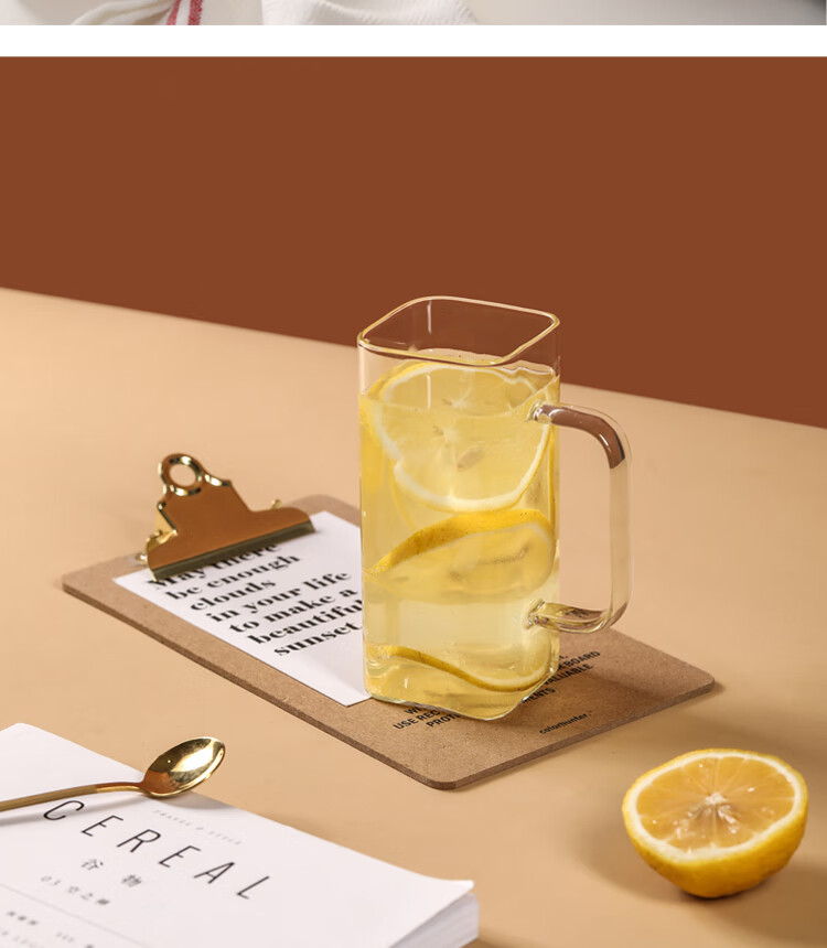 乐在美玻璃杯方形带把手家用ins高颜值吸管水杯女平底可加热杯子