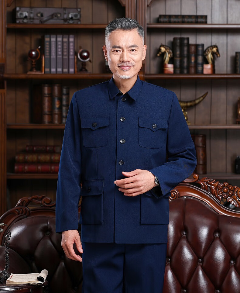 老年中山服爷爷装轻奢侈品男装联名旗舰店单层无内衬海军蓝明兜上衣