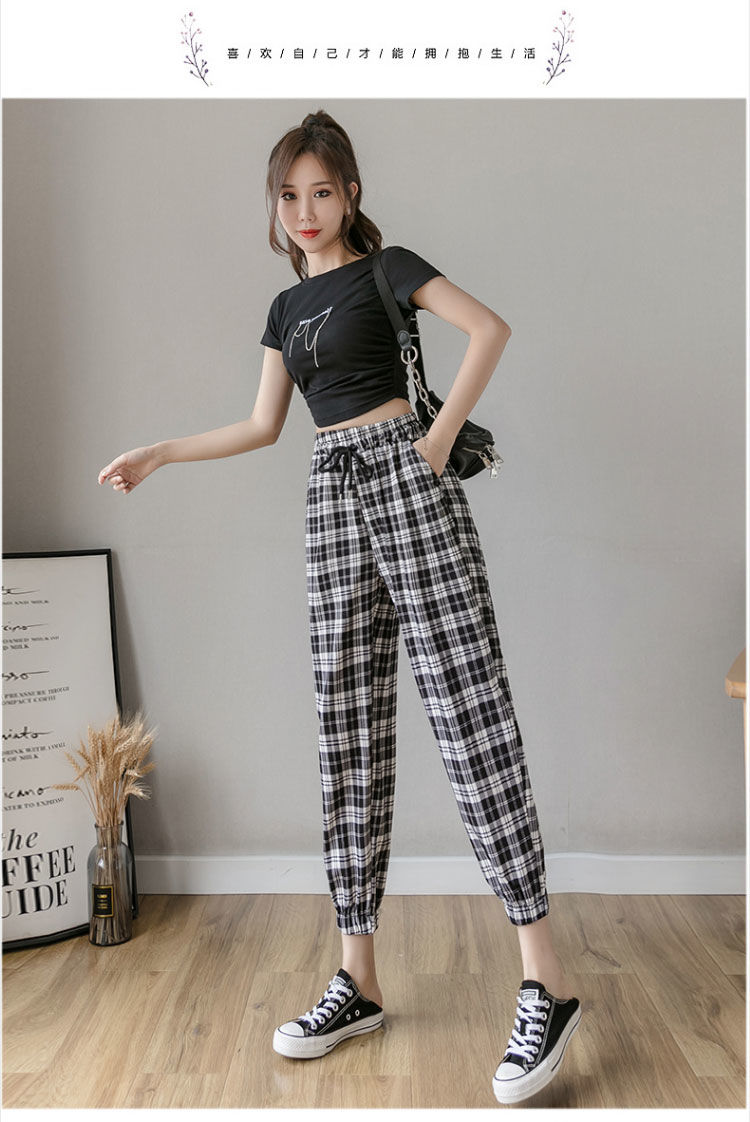 2022夏季新款休闲裤女黑白格子休闲裤薄款哈伦裤高腰宽松束脚裤九分萝