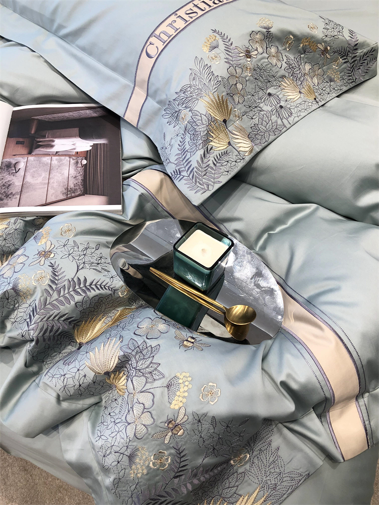 老裁缝家纺四件套高端轻奢100支长绒棉四件套简约美式花卉刺绣四季款