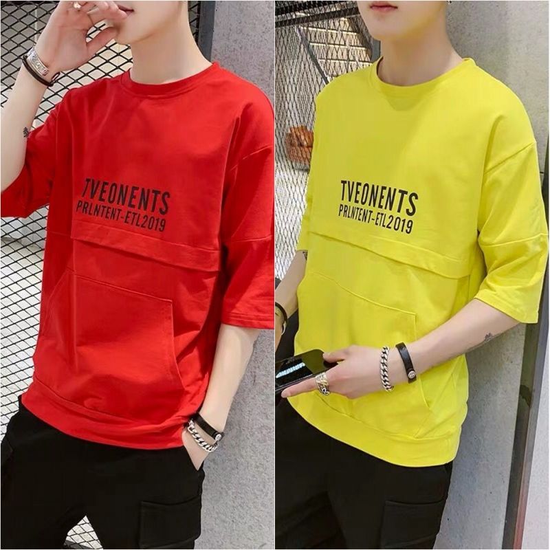 韩国ulzzang上衣服男潮流韩版帅气短袖五分袖卫衣青少年立领半袖t8081