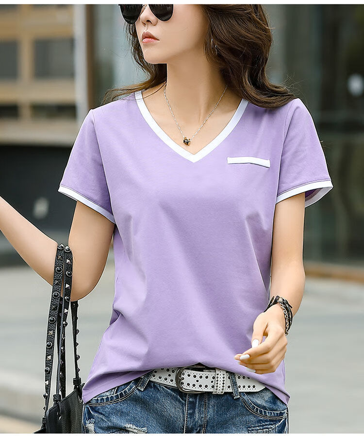 因贝淘2021夏新款棉质女装鸡心领宽松大码v领短袖t恤上衣gsayjpkk咖色