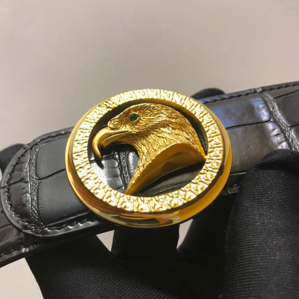 史蒂芬24k镀黄金扣头头层牛皮实心纯铜鳄鱼纹皮带腰带老鹰头黄金扣