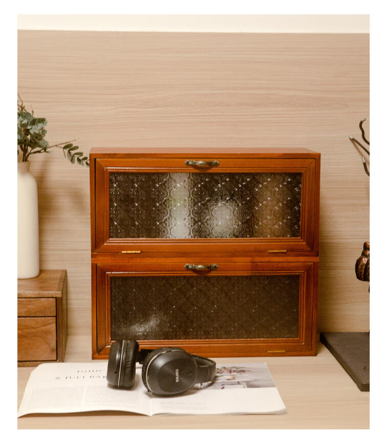 实木手办展示盒柜复古实木茶杯玻璃收纳柜木质茶具化妆品桌面整理盒