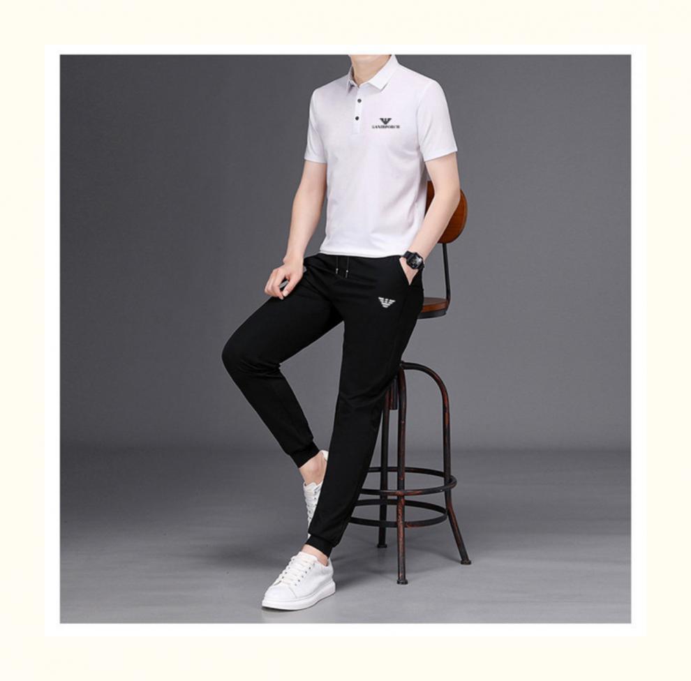 轻奢高档阿玛尼亚同款休闲运动服套装男夏季冰丝中年男士时尚跑步短袖