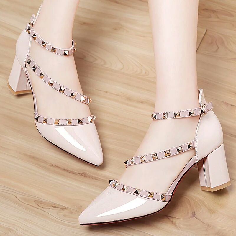 铆钉鞋柳丁单鞋裸色粗跟绑带凉鞋伴娘婚鞋女春季 白色(粗跟) 39 标准