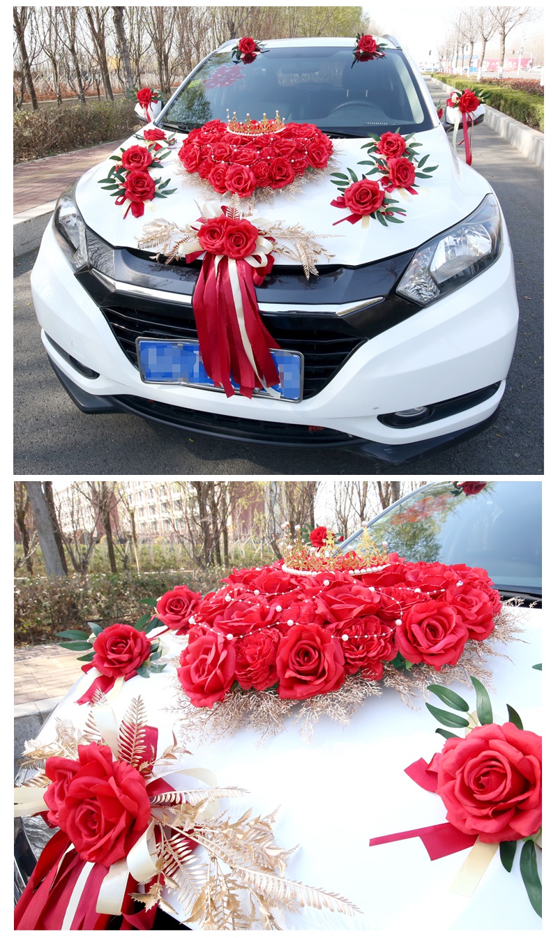 婚车拉花婚车装饰车头花主车拉花车队花套装结婚车花仿真车花布置金色