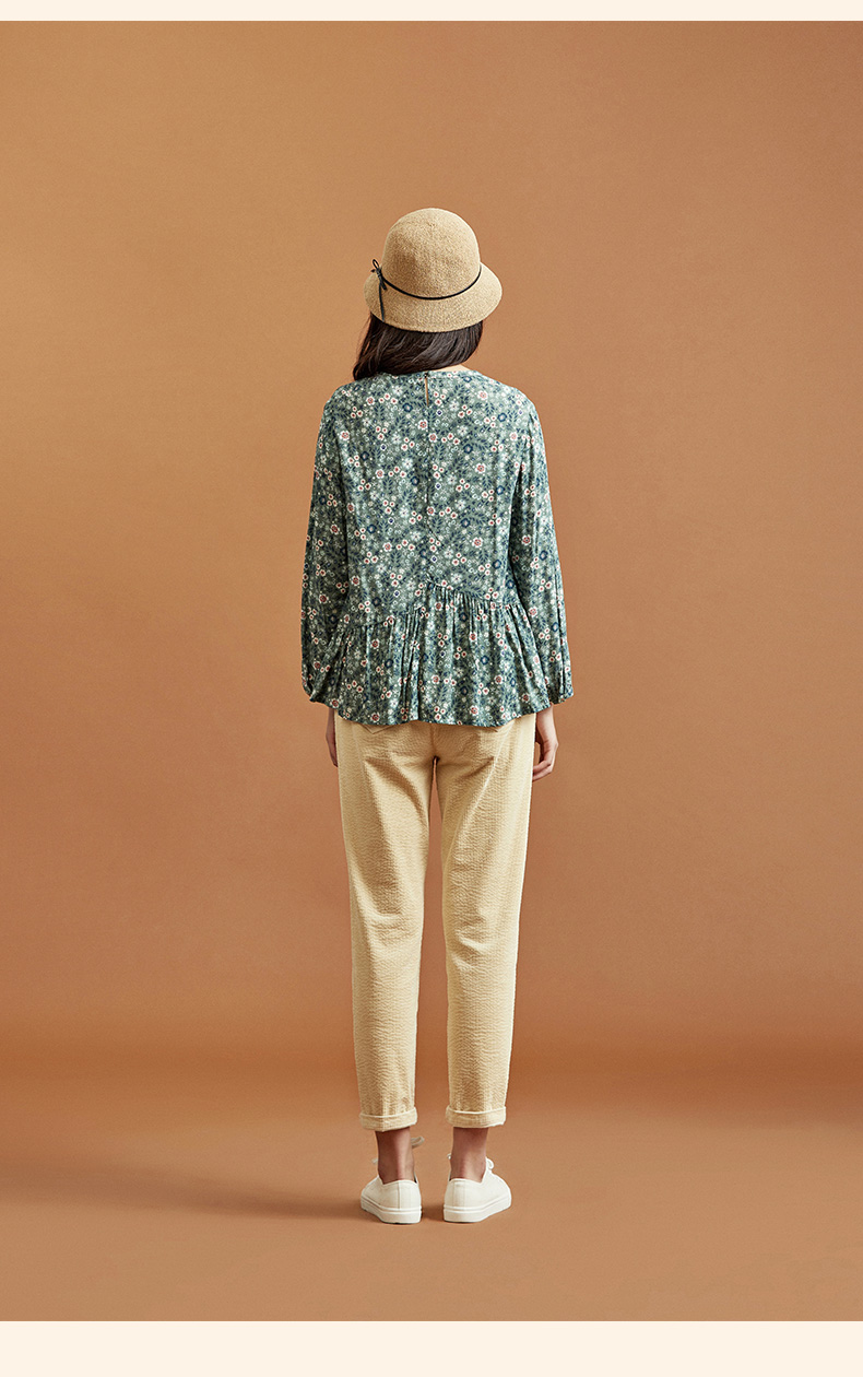 渔牌女装外套女2021年新款秋满身印花宽松长袖上衣女t恤灰绿17592axl