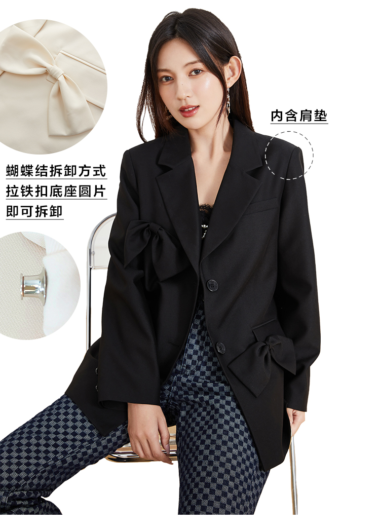 onemore2021秋装新款西装外套女蝴蝶结小西装外套宽松黑色西服女杏色
